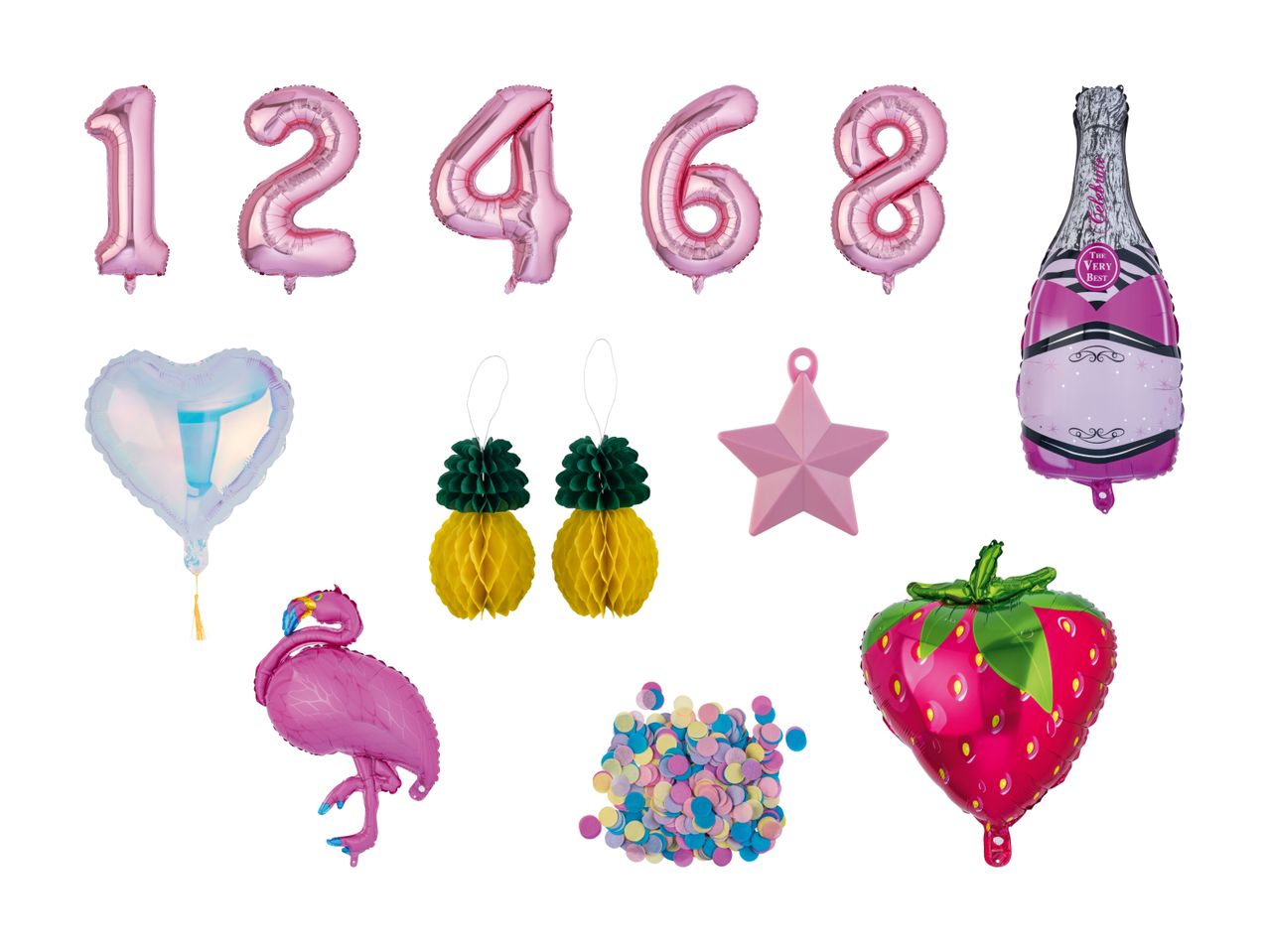Pink og pastelfarvede folieballoner til fest, inklusive tal, flamingo, ananas og champagneflaske.