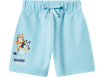 Light blue kids' jersey shorts with Bluey and Bingo print and a decorative drawstring.