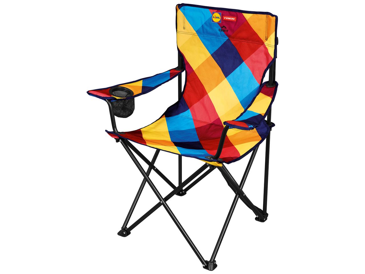 Chaise pliante colorée avec porte-gobelet.