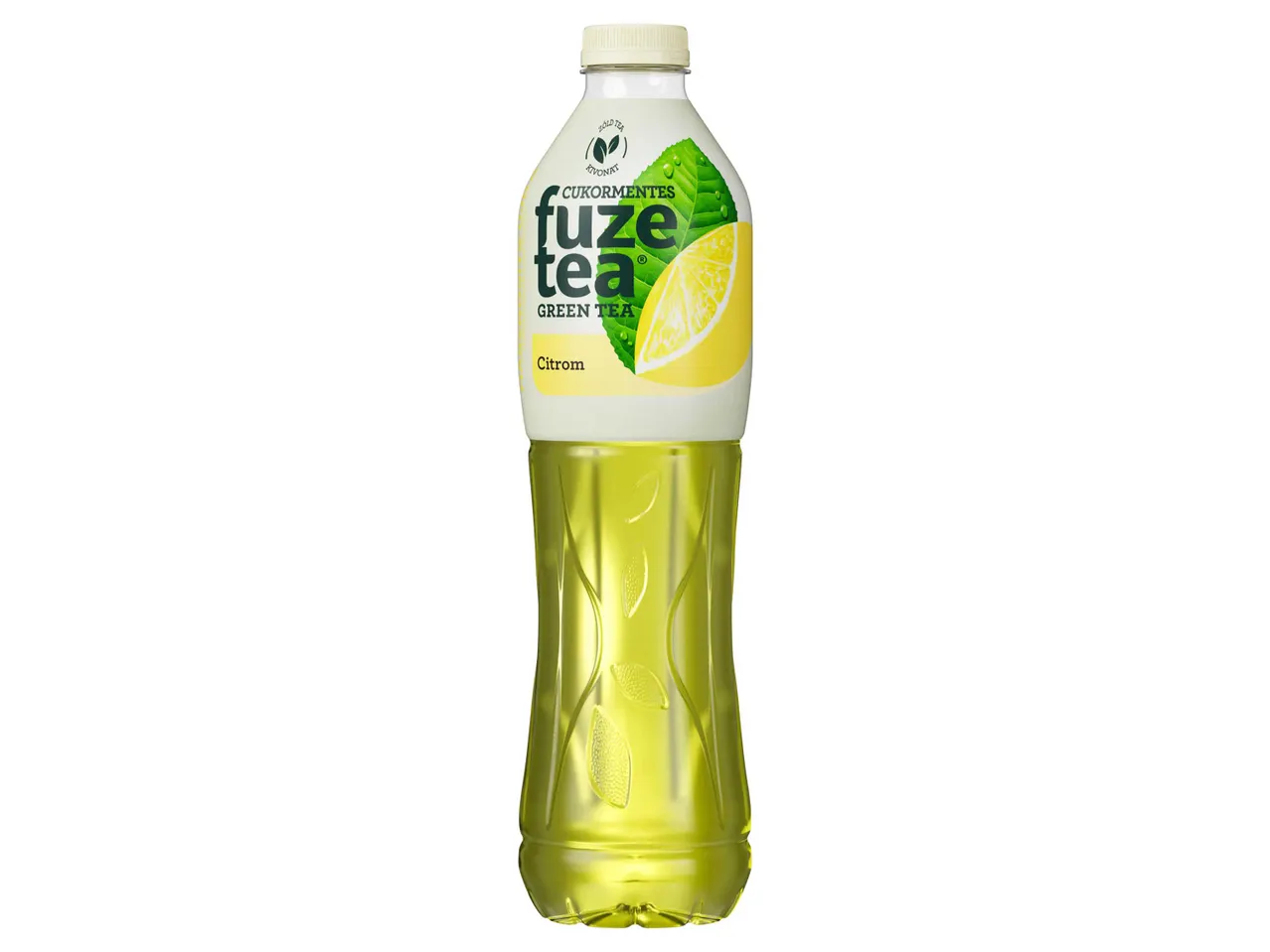 Fuze Tea zöld tea citrom ízű ital egy átlátszó palackban.