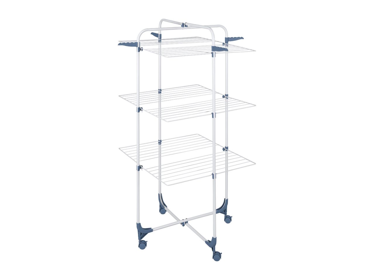 White and blue three-tier clothes drying rack with wheels.