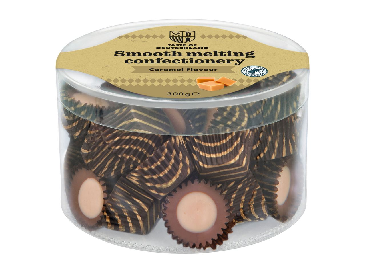 A clear container of smooth melting caramel confectionery from Taste of Germany 