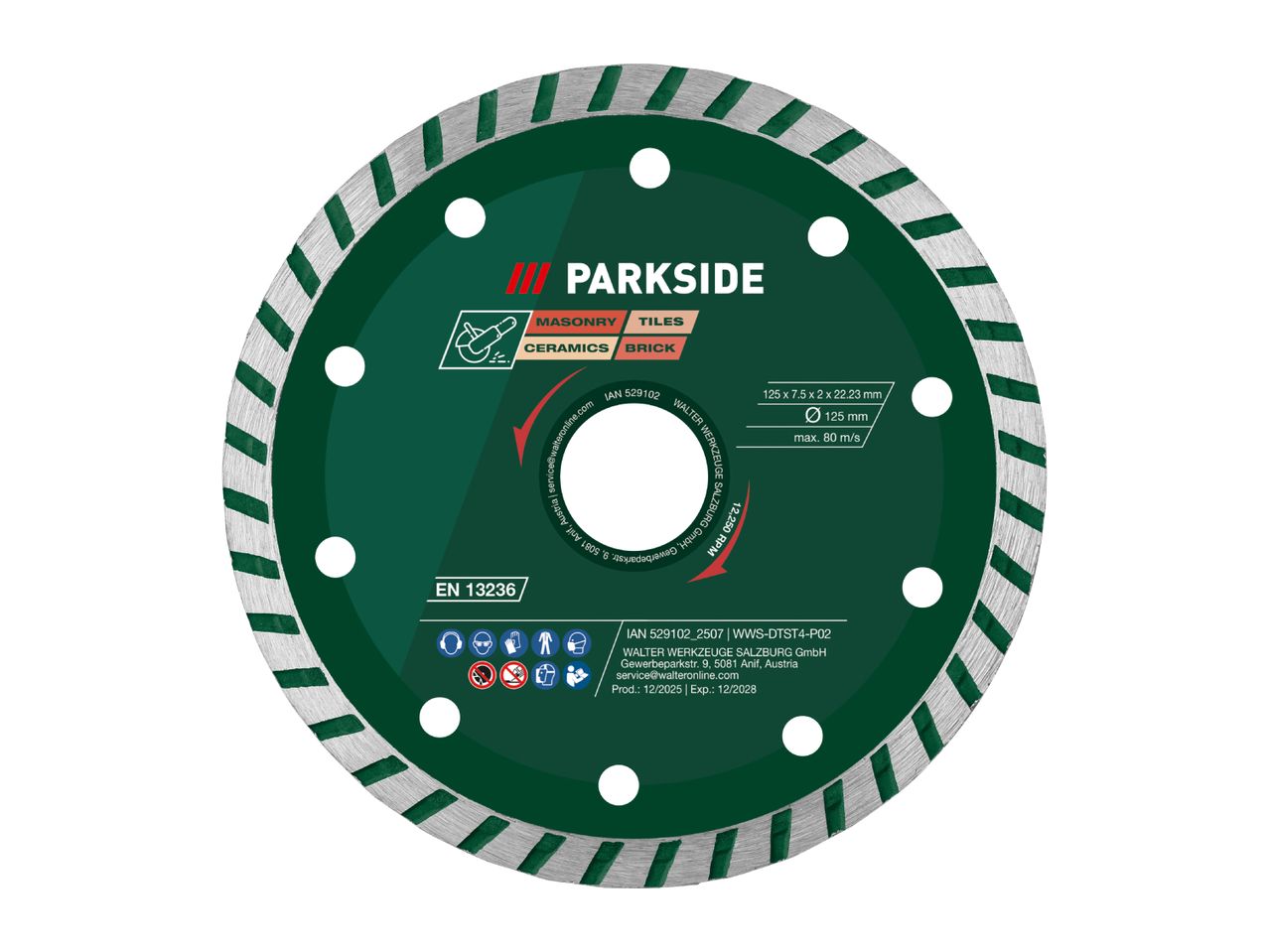 Diamond cutting disc for masonry, tiles, ceramics, and brick, 125mm diameter.