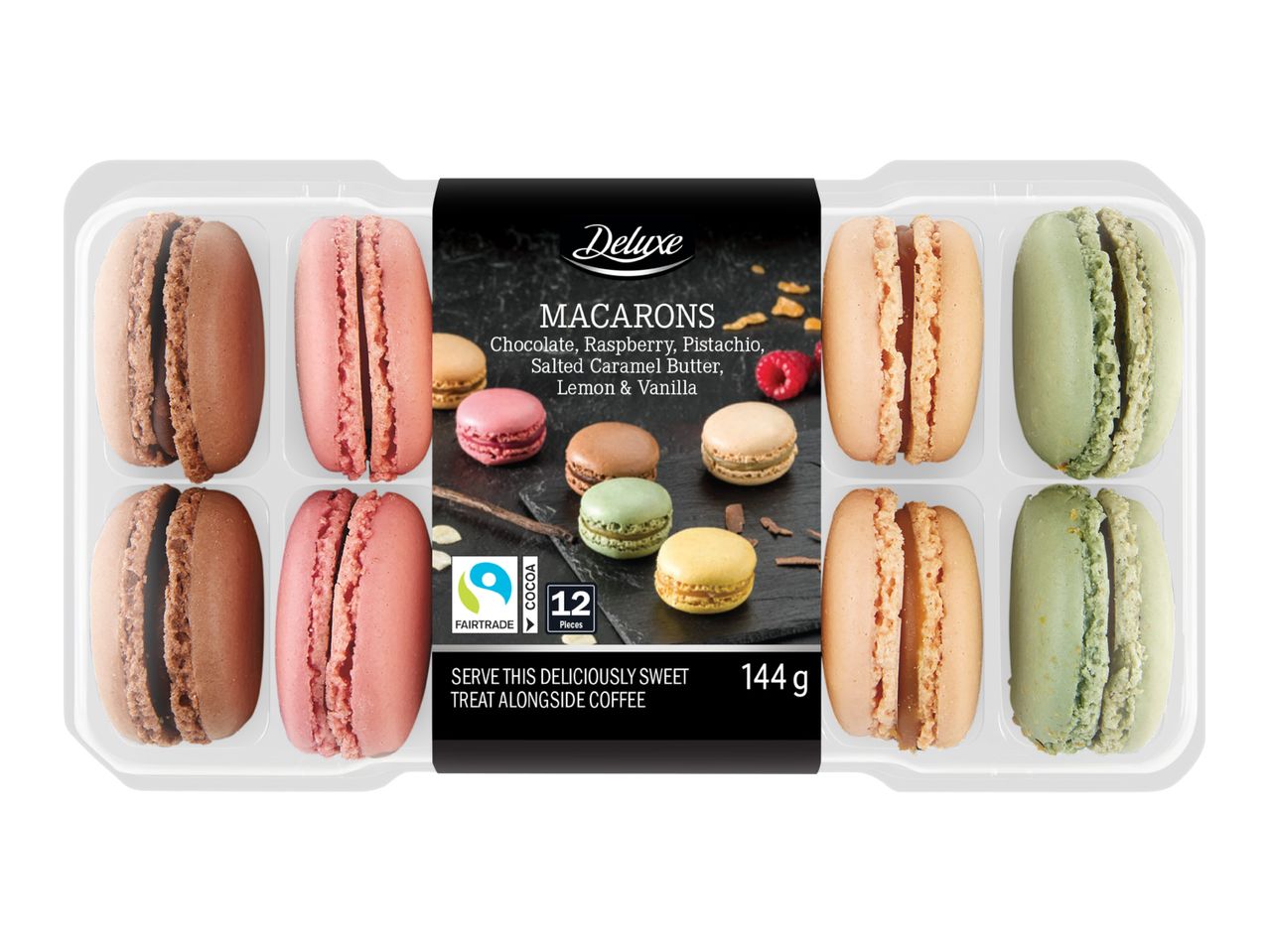 A package of Deluxe macarons in various flavors, including chocolate, raspberry, and pistachio.