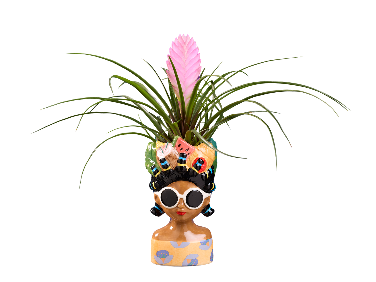Lepelplant met roze bloem op zwarte achtergrond, in een pot in de vorm van een vrouwengezicht.