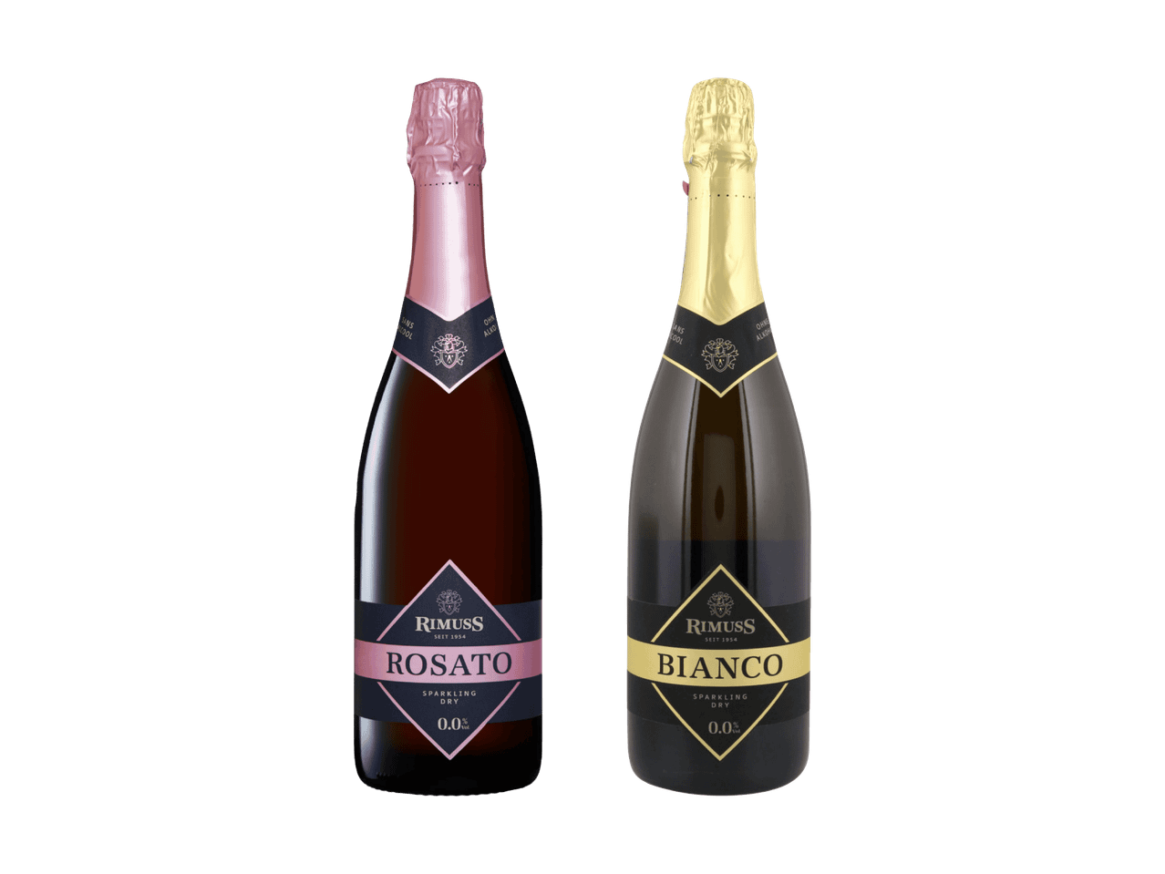 Deux bouteilles de vin mousseux sans alcool, un rosé et un blanc, tous deux secs.