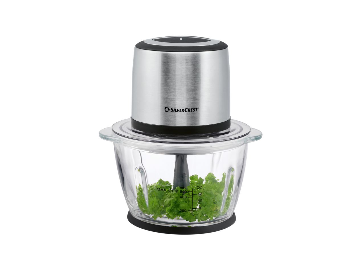 A SILVERCREST® KITCHEN TOOLS Mini Chopper with a glass bowl, filled with chopped green vegetables.