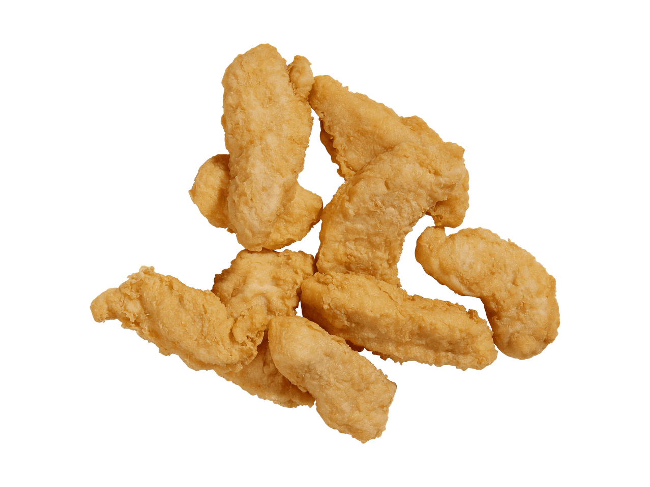 Un mucchio di crocchette di pollo fritte su sfondo nero.