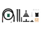A collection of vacuum cleaner accessories including hoses, nozzles, and filters.
