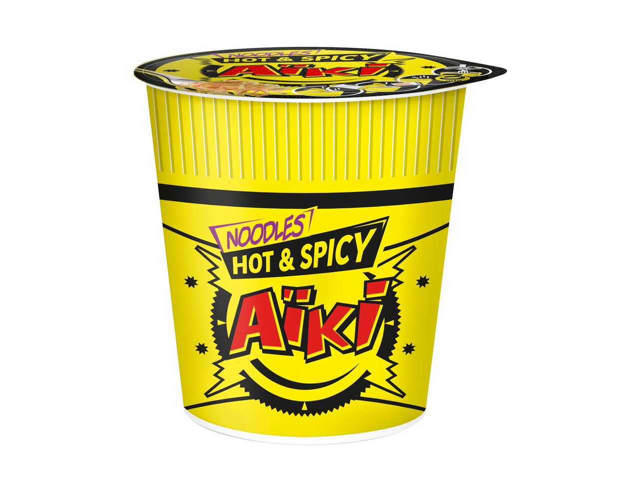 Un pot de nouilles instantanées Aïki Hot & Spicy sur fond blanc.