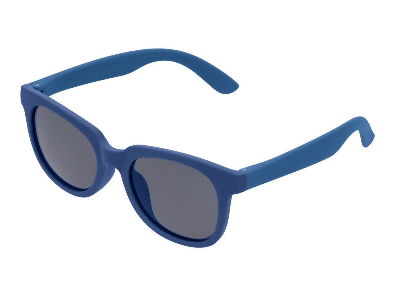 Blue sunglasses with dark lenses, angled view