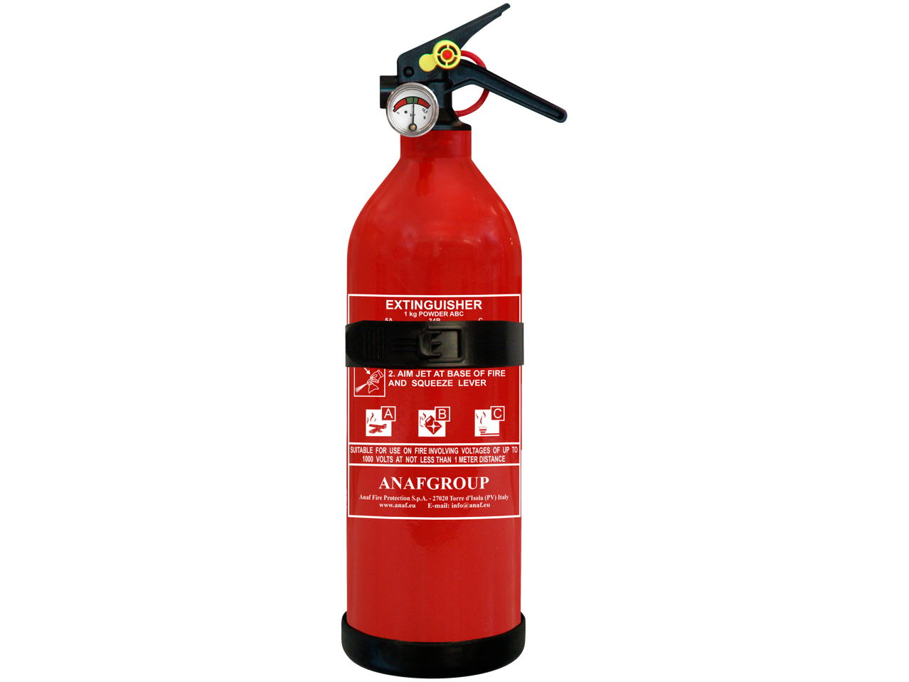 ANAFGROUP 1 kg powder ABC fire extinguisher with pressure gauge and instructions.