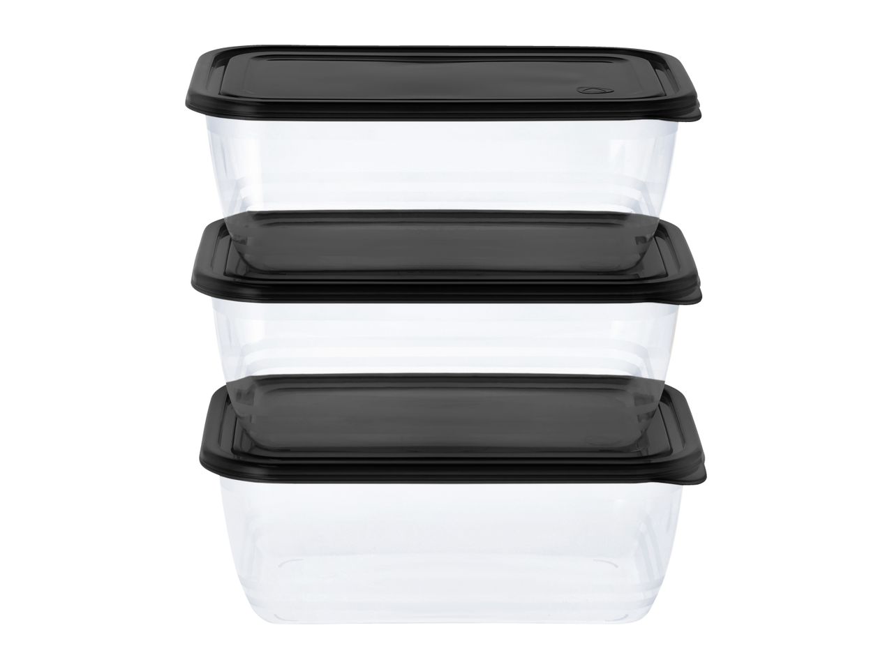 Stack of three rectangular clear plastic food containers with black lids.