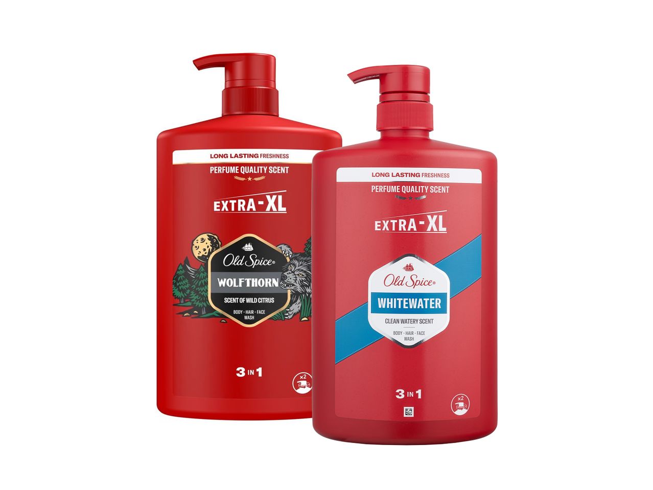 Dvi didelės Old Spice 'Extra-XL' kūno prausimosi priemonės: 'Wolfthorn' ir 'Whitewater'.