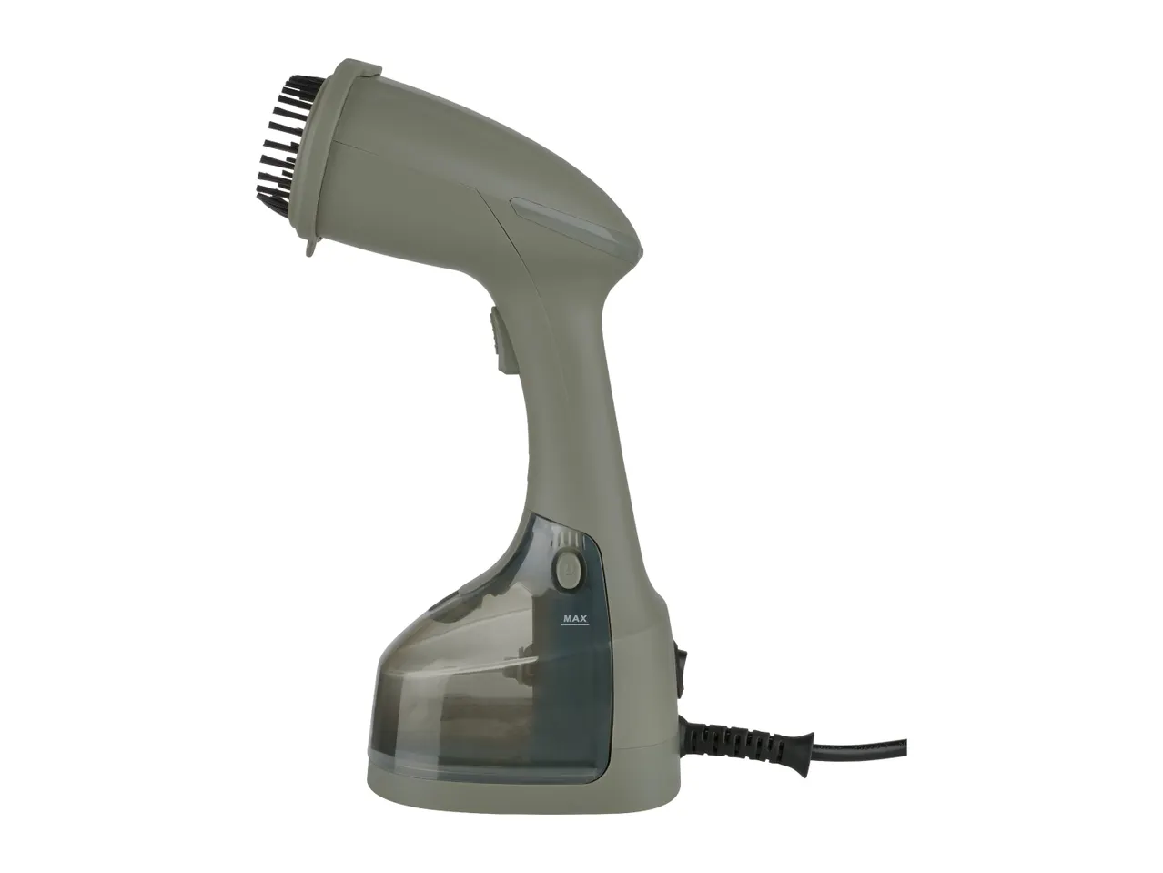 Handheld garment steamer with a brush attachment and a visible water tank