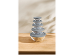 SILVERCREST® Glass Bowl Set, five clear glass bowls with grey lids stacked on a wooden surface.