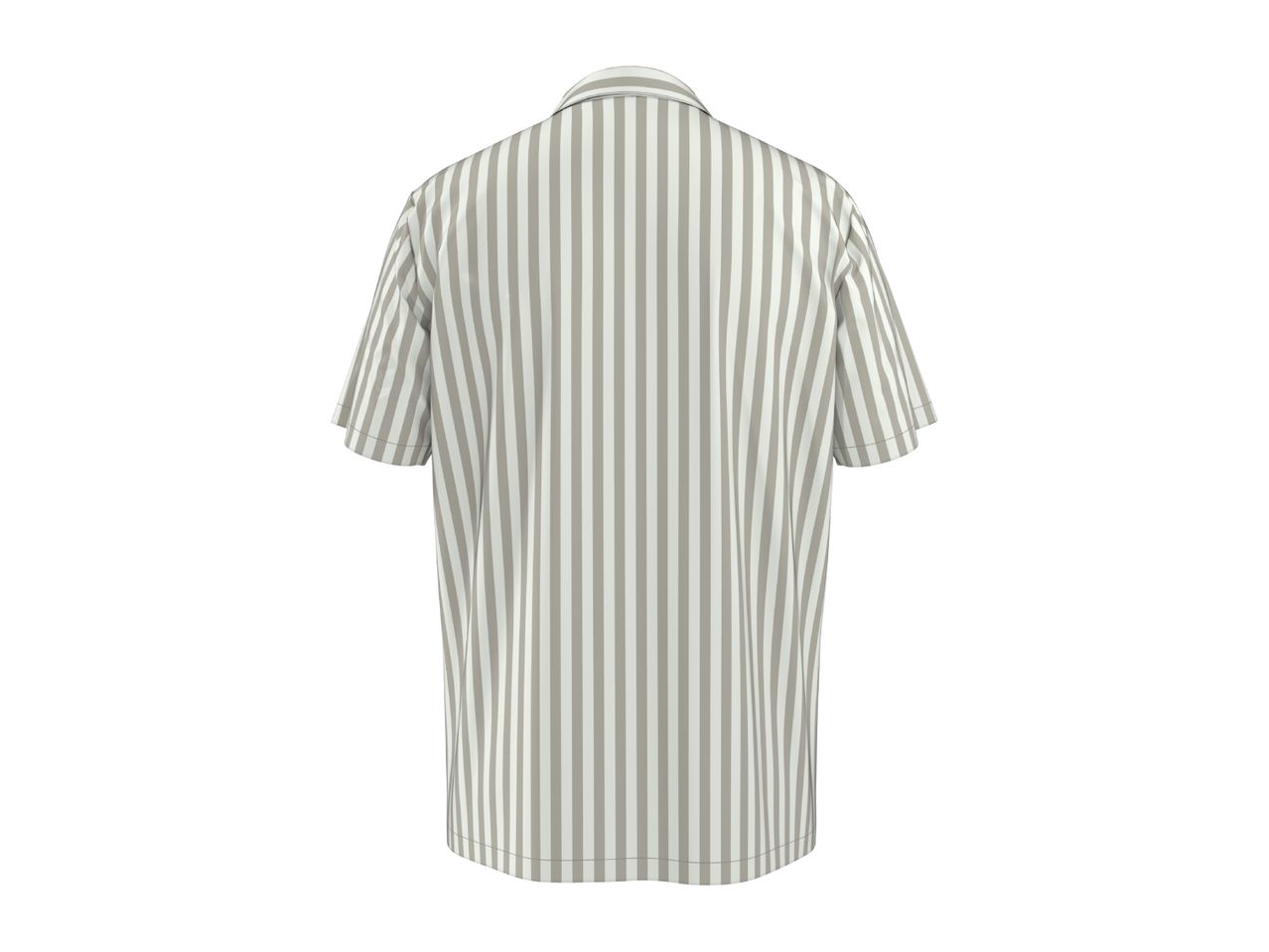 Back view of a men's short-sleeved shirt with vertical grey and white stripes.
