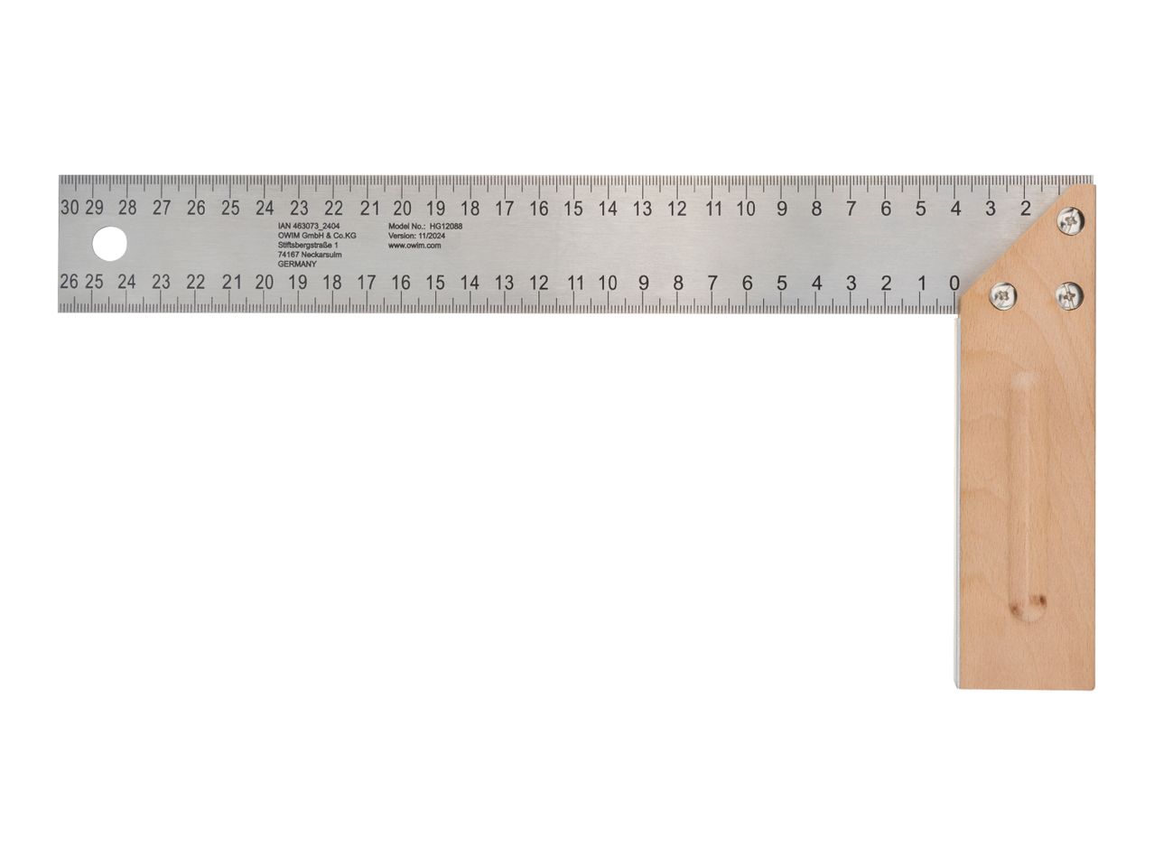 A metal and wood carpenter's square with metric measurements and product information.