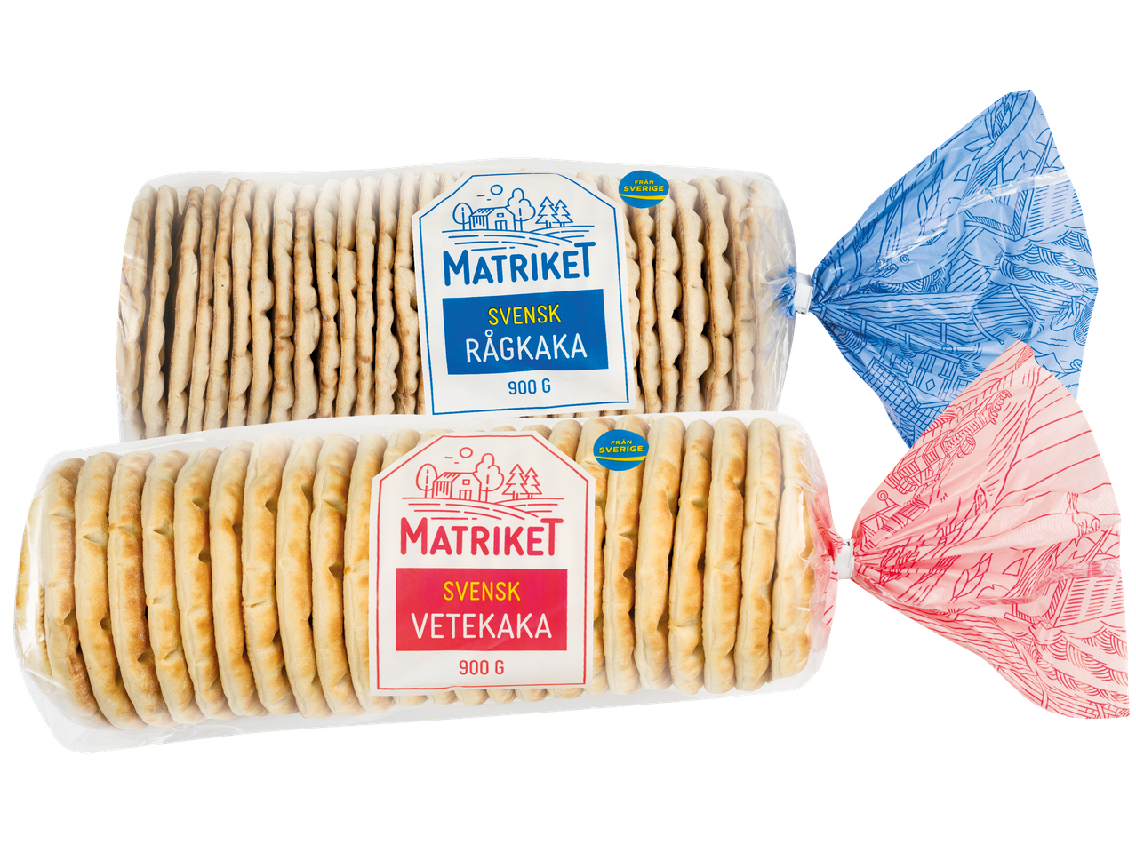 Två paket Matrikets bröd, ett med blått och ett med rosa förpackning.