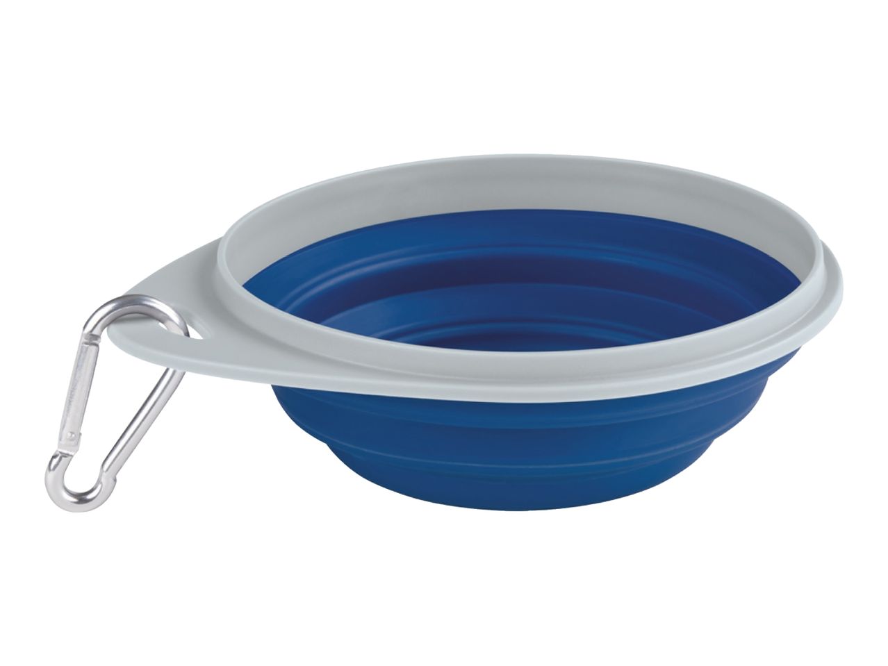 A blue and gray collapsible silicone pet bowl with a carabiner clip.