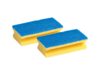 Dvije žute spužve za pranje posuđa s plavom abrazivnom stranom.