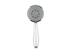 A chrome handheld shower head with a circular spray face.