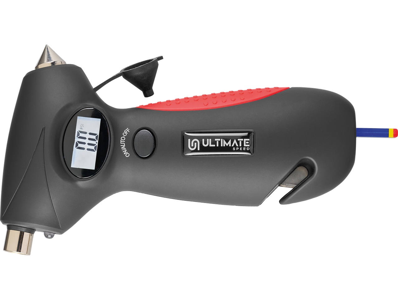 5-in-1 riepu spiediena mērītājs ar digitālo displeju, avārijas āmuru un drošības jostu griezēju