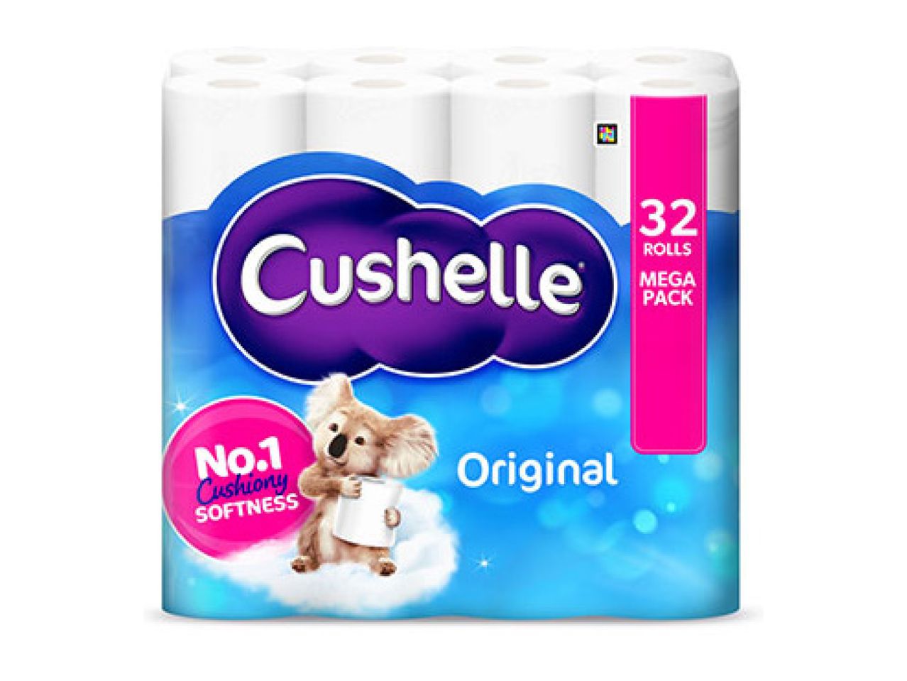 A mega pack of 32 toilet paper rolls featuring a koala on a cloud, highlighting 'No.1 Cushiony Softness' and 'Original'.