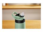 Close-up of a mint green water bottle with an open black and clear plastic lid