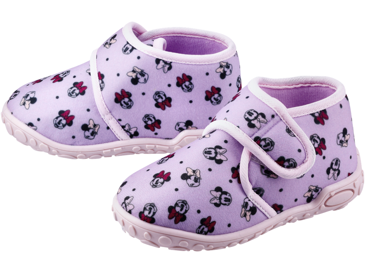 Levandų spalvos vaikiškos šlepetės su Minnie Mouse raštu.