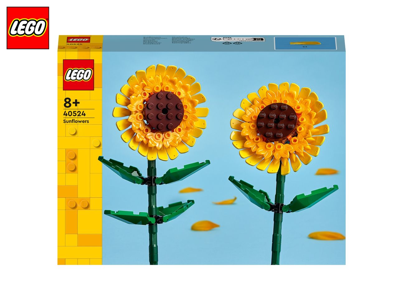 Two Lego sunflowers with green stems and leaves against a blue background, with product details.