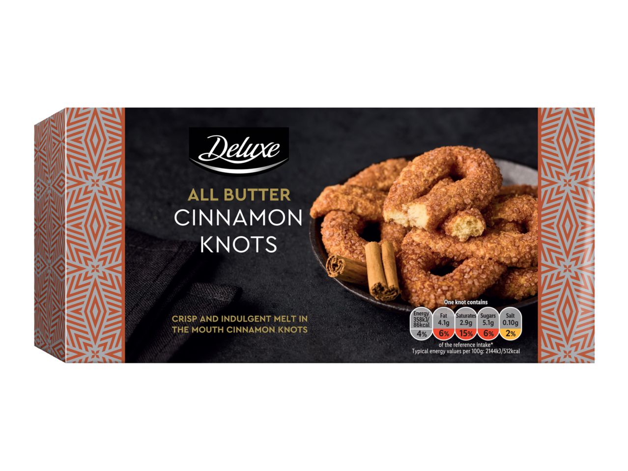 A box of all butter cinnamon knots with a bowl of pastries and cinnamon sticks.