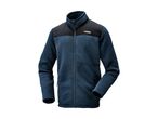 A blue and black fleece jacket with a zipper and a small logo on the chest.