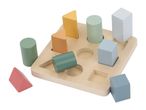 Wooden shape sorter with colorful geometric blocks including cylinders, triangles, and cubes.