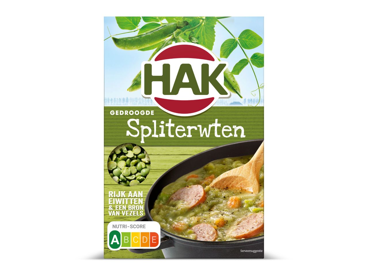 HAK Gedroogde Spliterwten verpakking met erwtensoep en Nutri-Score A.