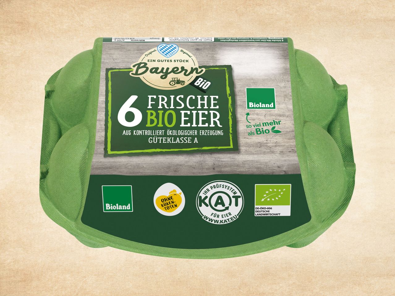 6 Bioland Bio-Eier der Marke Bayern in Papierzellpackung.