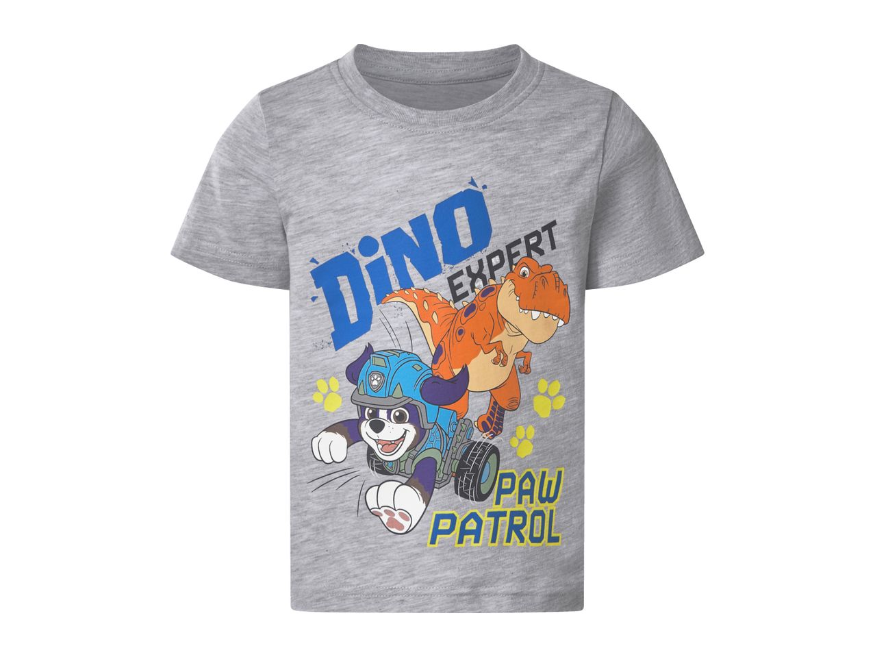 Grey short-sleeved t-shirt with a blue dog and orange dinosaur graphic, text reads 'DINO EXPERT' and 'PAW PATROL'