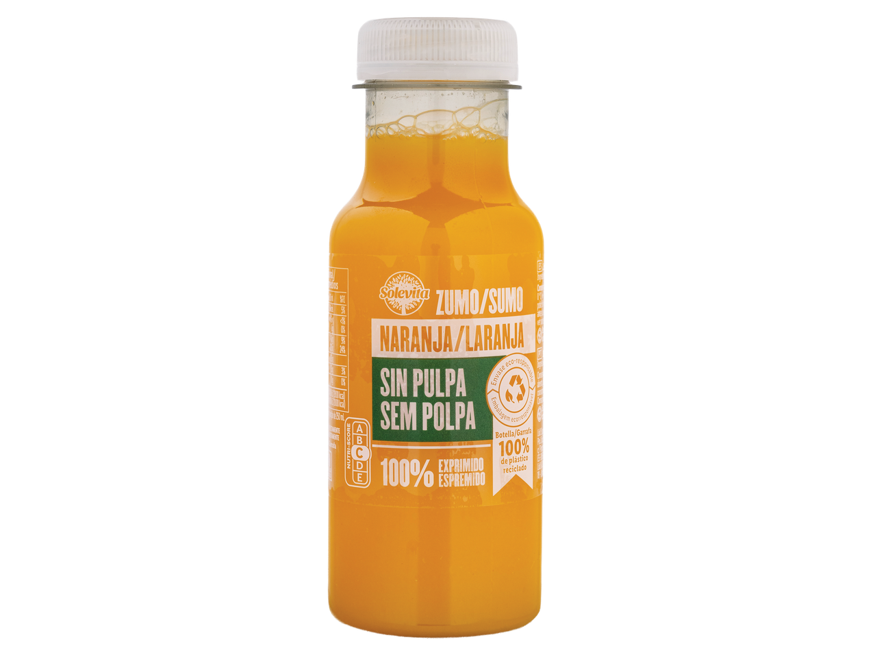 Garrafa de sumo de laranja sem polpa, 100% espremido, com rótulo de plástico reciclado.