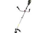 Cordless grass trimmer with a battery pack, adjustable handle, and cutting head with line.
