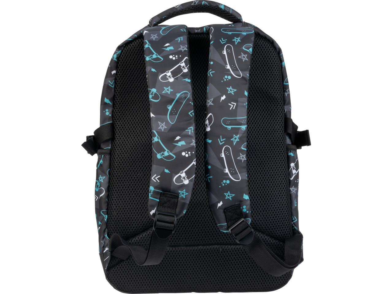 Mochila com padrão de skate e estrelas, com costas e alças de malha.