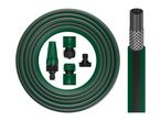 Garden hose with fittings, coiled and a cross-section showing internal braiding.