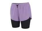 Women's lilac and black 2-in-1 running shorts with an elastic waistband.