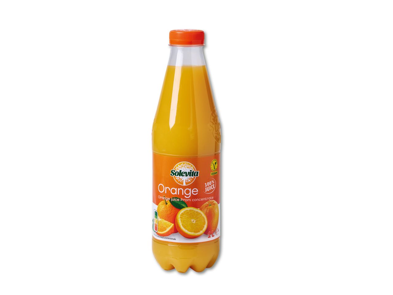 Solevita apelsinimahl plastikpudelis.