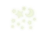 A crescent moon with a face and several glowing stars on a white background.