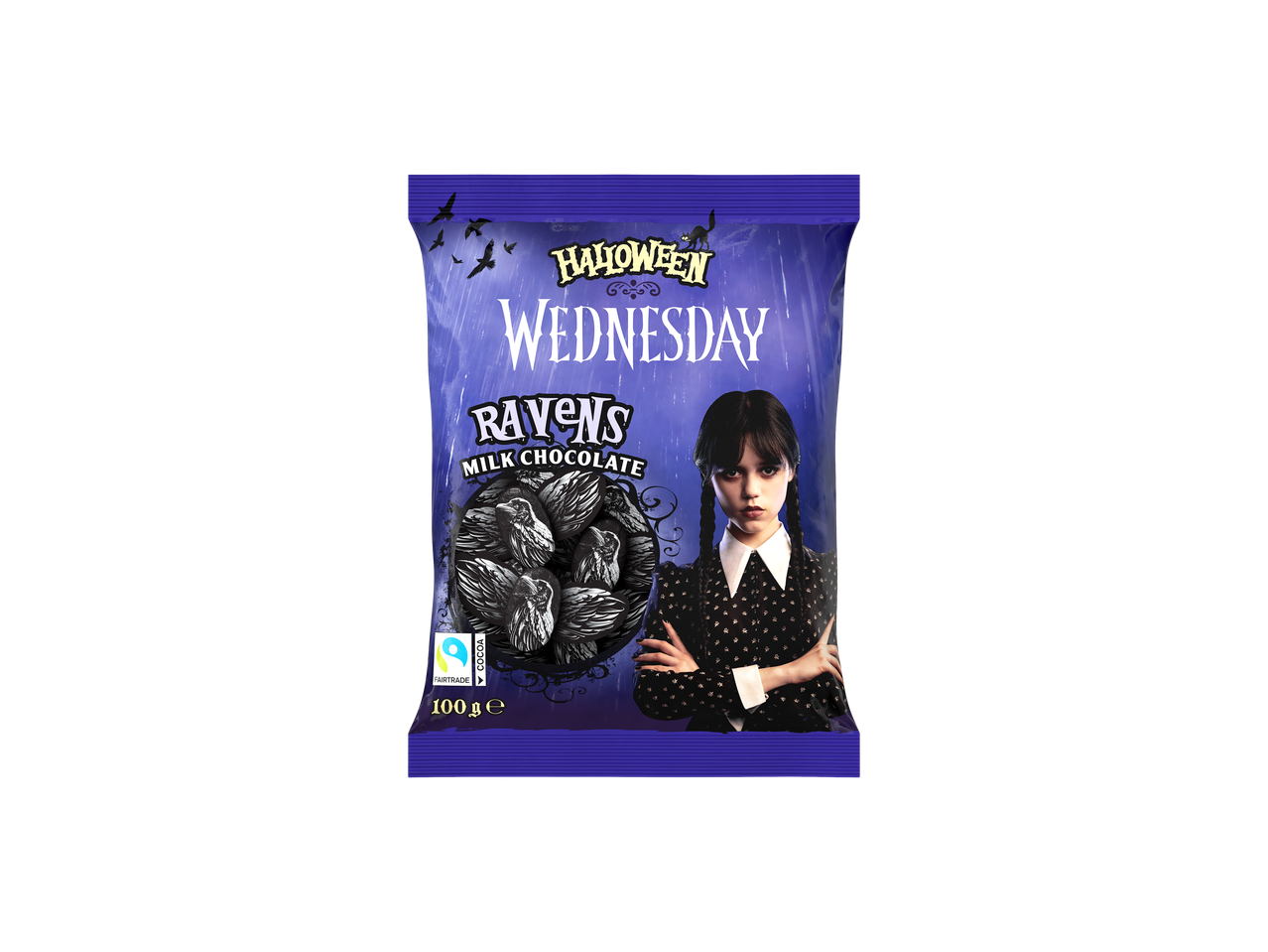 Helovino trečiadienio pieniškas šokoladas su Wednesday Addams ir varno formos šokoladais.