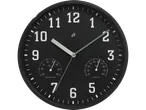 A black wall clock with integrated thermometer and hygrometer displays the time, temperature, and humidity.