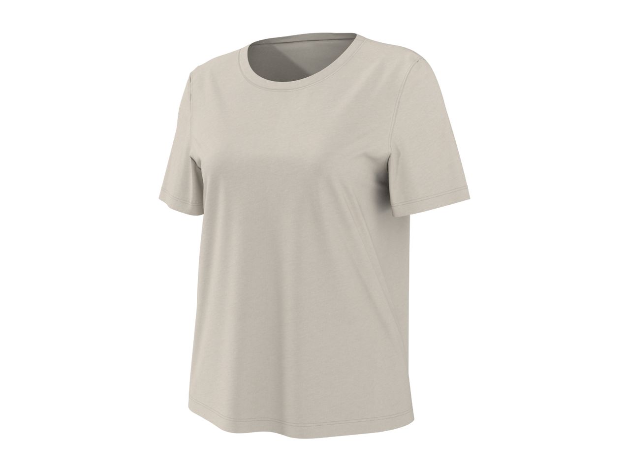 Plain light beige short-sleeved t-shirt with a round neck.