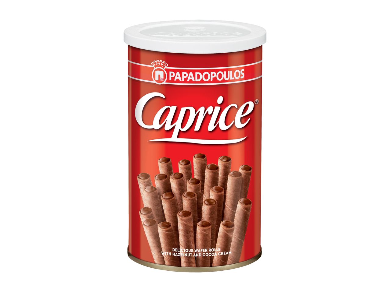 O cutie de napolitane Papadopoulos Caprice cu cremă de cacao și alune.