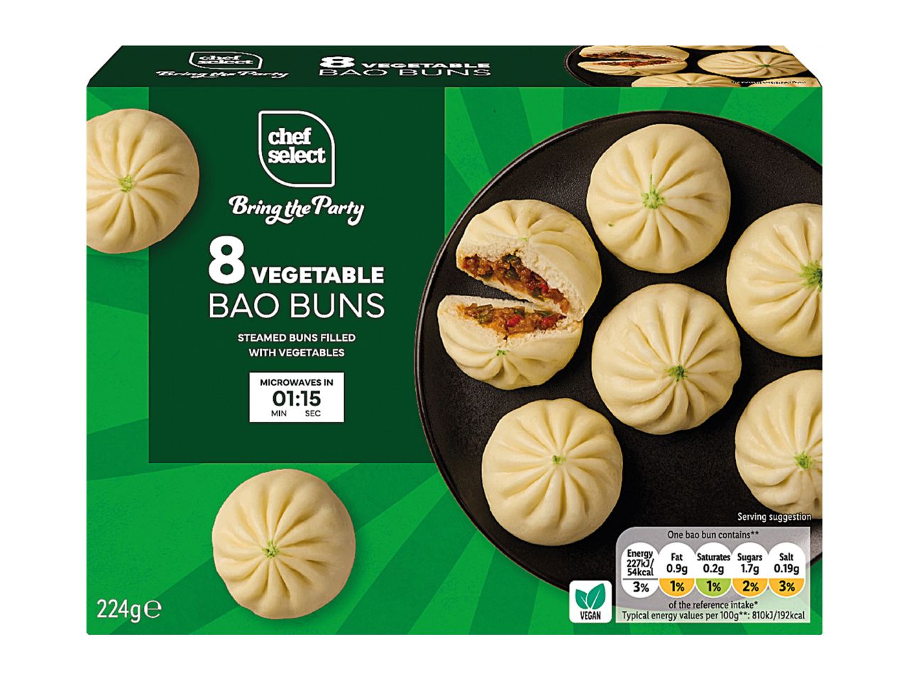 A box of eight vegetable bao buns, suitable for vegans.