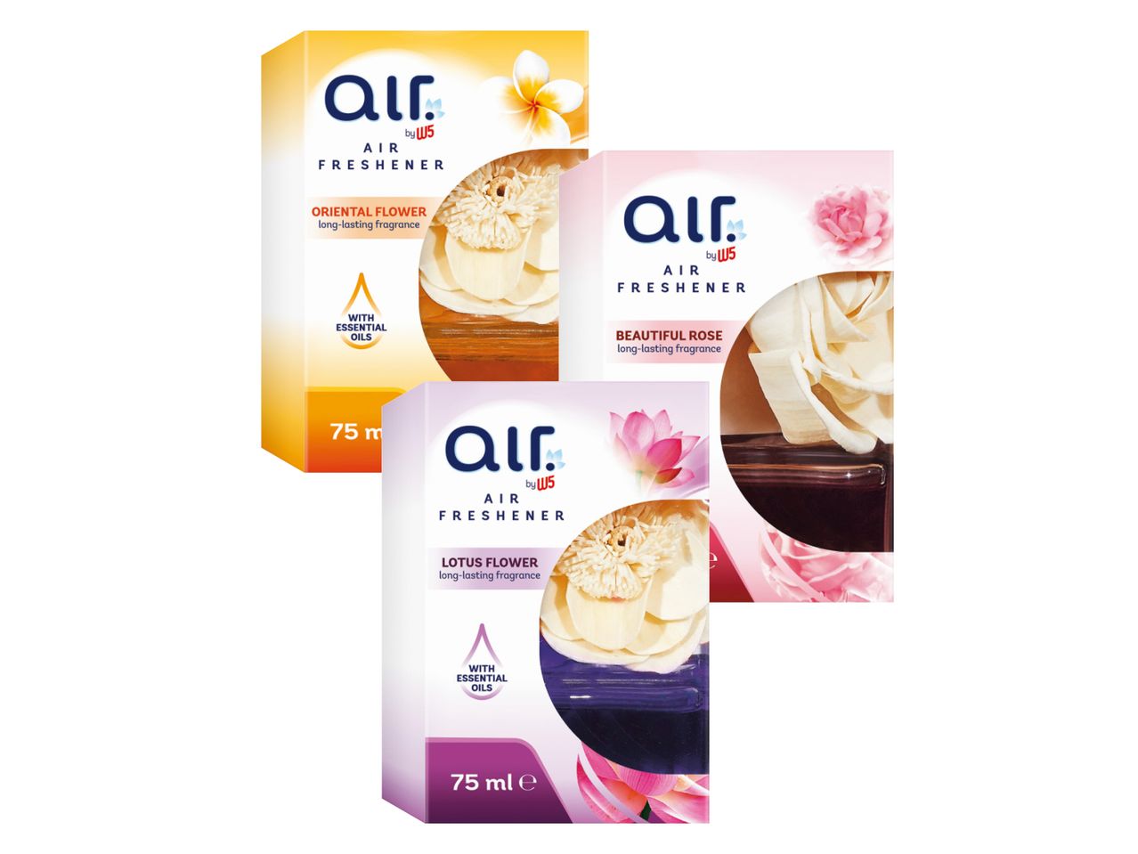 Three Air Fresheners by W5: Oriental Flower, Beautiful Rose, and Lotus Flower, each with essential oils and a long-lasting fragrance.